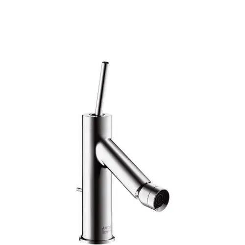 Ein AXOR Bidetmischer aus Chrom mit einem seitlichen Hebelgriff und einer Zugstangen-Ablaufgarnitur, in einem schlichten, modernen Design.